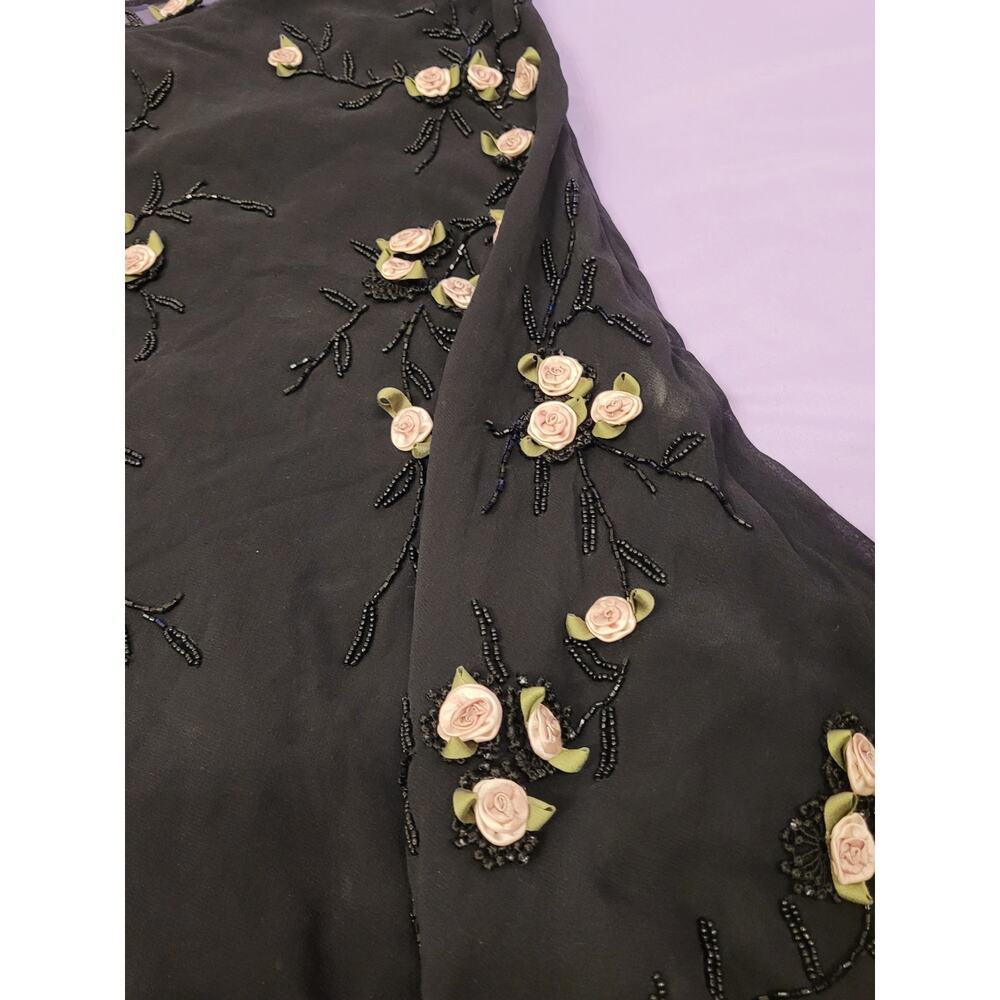 VTG Sue Wong 100% Silk Beaded Dress Black Floral Rosette Y2K Fairy Asymmetrical - Picture 6 of 8
